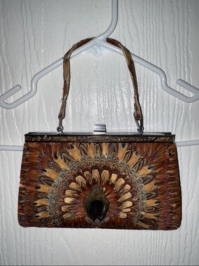 Vintage Peacock and Pheasant Feather Top-Handle Handbag